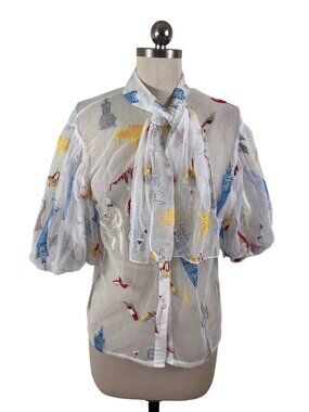 Impulsive Embroidered London Landmarks Motifs Blouse Medium Whimsical Quirky Bow